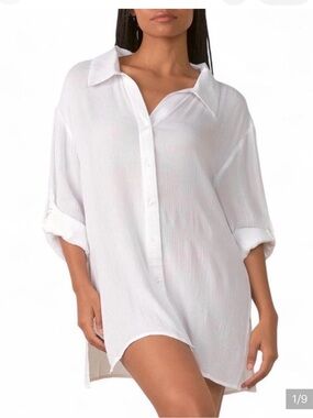 Elan Sheer Crinkle Gauze Button-Front Swim Cover-Up Shirt, M